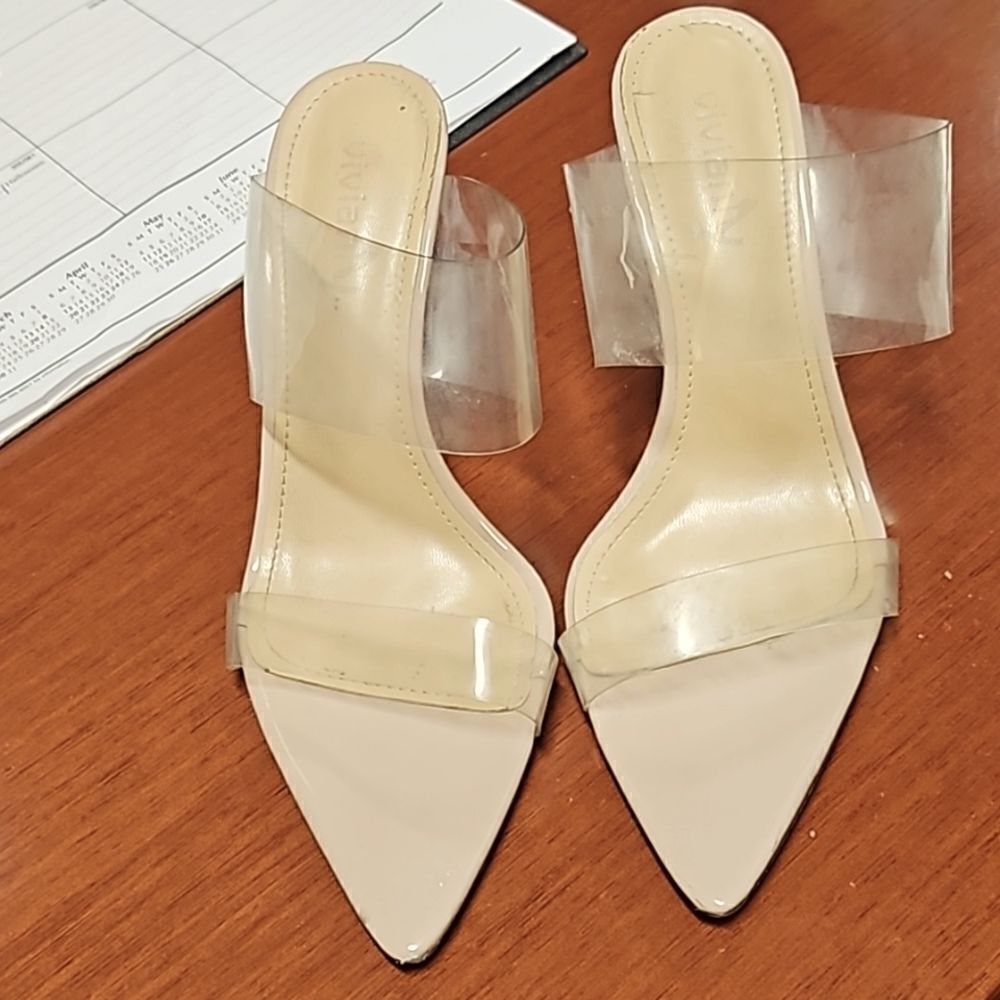 Clear and tan heels